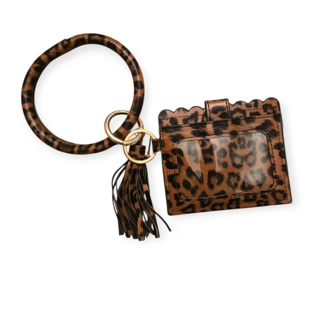 Leopard Print Keychain Wristlet With Card Holder & Tassel